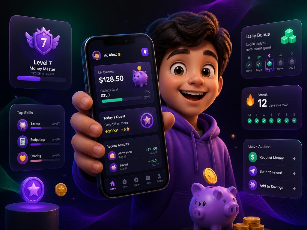Criança usando o app Bankids para completar missões e guardar dinheiro